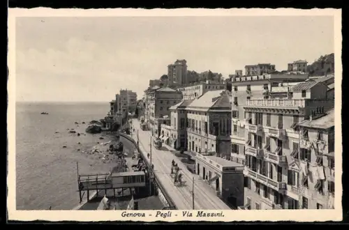 AK Genova, Pegli, Via Mazzini, Strassenbahn