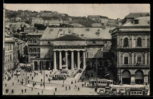 AK Genova, Piazza de Ferrari col Teatro Carlo Felice e Monum. a Garibaldi, Strassenbahn