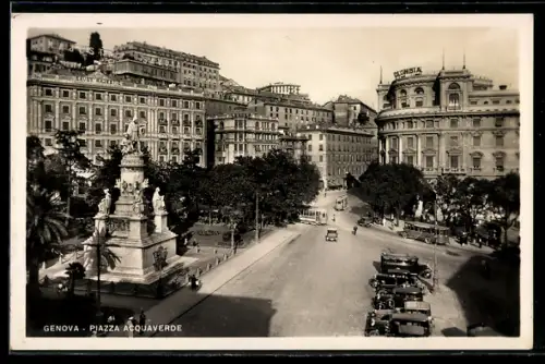 AK Genova, Piazza Acquaverde, Hotel Colombia, Strassenbahn