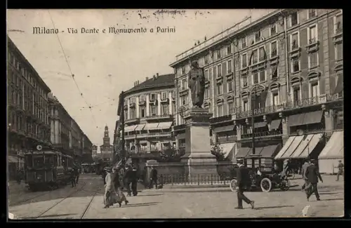 AK Milano, Via Dante e Monumento a Parini, Strassenbahn