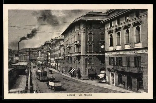 AK Genova, Via Milano, Strassenbahn