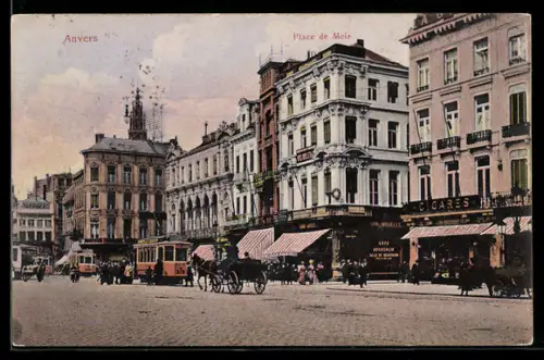 AK Anvers, Place de Meir, Strassenbahn