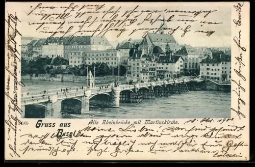 AK Basel, Alte Rheinbrücke mit Martinskirche