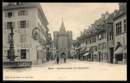 AK Basel, Spalenvorstadt mit Gasthaus Weber und Spalentor