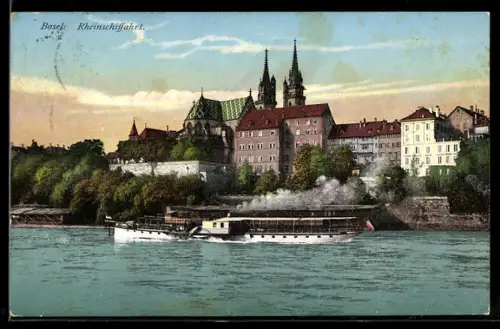AK Basel, Rheindampfer vor der Kathedrale