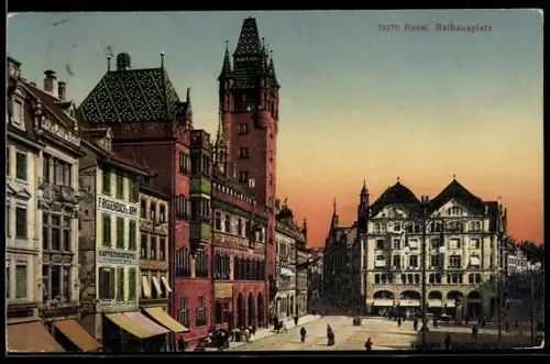 AK Basel, Rathausplatz mit Kaffeerösterei F. Riggenbach zum Arm