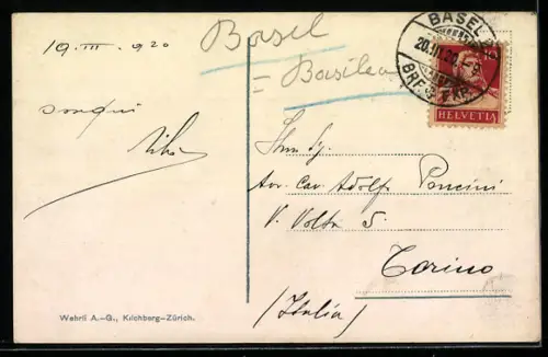 AK Basel, Rathausplatz mit Kaffeerösterei F. Riggenbach zum Arm