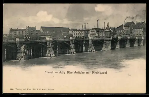 AK Basel, Alte Rheinbrücke mit Kleinbasel
