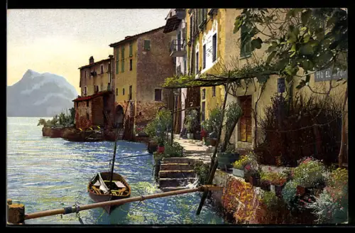 AK Photochromie NR. 3299: Gandria, Lago di Lugano, Gebäudepartie am Ufer