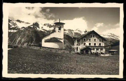AK Fextal im Ober-Engadin, Hotel Sonne mit Fex-Kirchlein