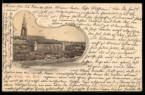 AK Bern, Teilansicht mit Kirche, Passepartout