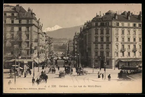 AK Genève, La Rue du Mont-Blanc, Strassenpartie mit Strassenbahn