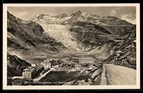 AK Gletsch, Gesamtansicht mit Rhonegletscher und Furkastrasse