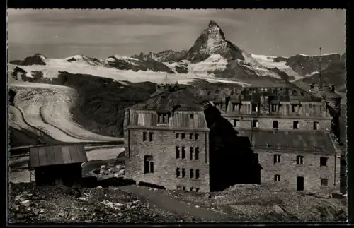 AK Gornergrat, Hotel Gornergrat mit Unt. Theodul-Gletscher und Matterhorn