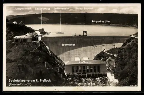 AK Saaletalsperre am kl. Bleiloch, Gesamtansicht mit Sperrmauer, Krafthaus, Umspannwerk