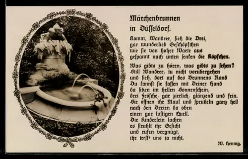 AK Düsseldorf, Märchenbrunnen, Gedicht