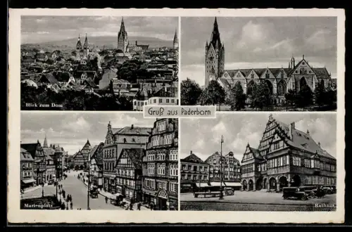 AK Paderborn, Blick zum Dom, Marienplatz, Rathaus
