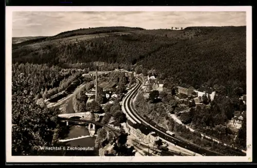 AK Wilischtal i. Zschopautal, Ortsansicht mit Bahnstrecke, Brücke, Gasthaus Jagdschänke Inh. Ewald Jehmlich