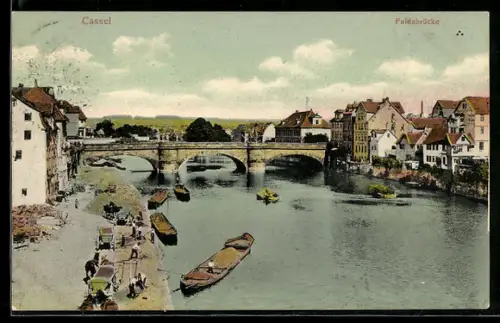AK Cassel, Teilansicht mit Fuldabrücke u. Lastkähnen