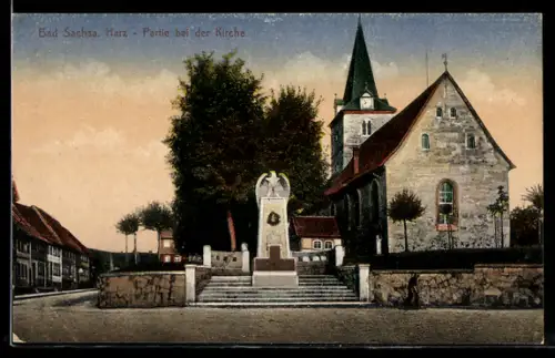AK Bad Sachsa /Harz, Partie bei der Kirche, Kriegerdenkmal