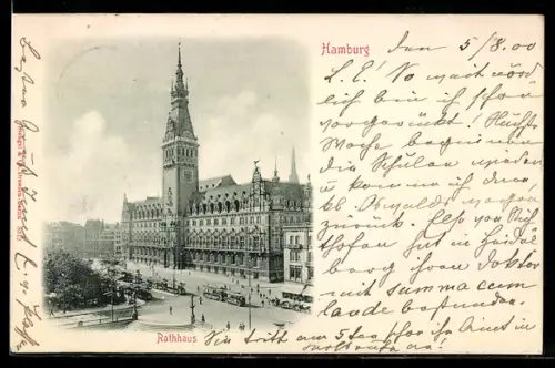 AK Hamburg, Rathaus mit Strassenbahn aus der Vogelschau