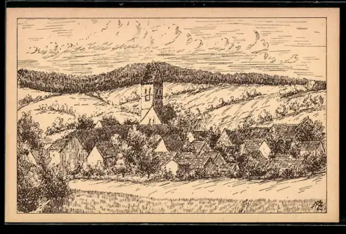 Künstler-AK Ostrach /Hohenzollern, Ortsansicht mit Kirche und umliegender Landschaft