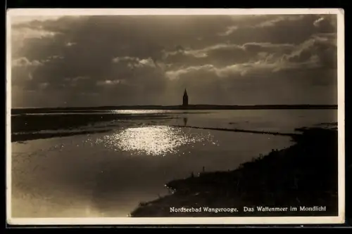AK Wangerooge, Wattenmeer im Mondlicht, Turm