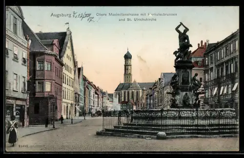 AK Augsburg, Obere Maximilianstrasse, Herkulesbrunnen, St. Ulrichskirche