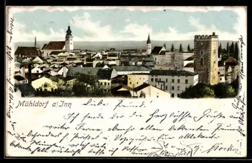 AK Mühldorf a /Inn, Ortsansicht mit Kirche und Stadtturm