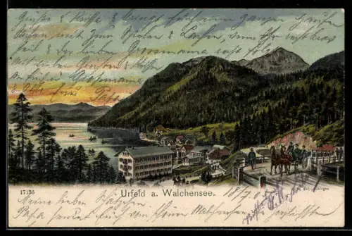 Künstler-AK Urfeld a. Walchensee, Ort, Seepromenade, Brücke, Gebirgslandschaft