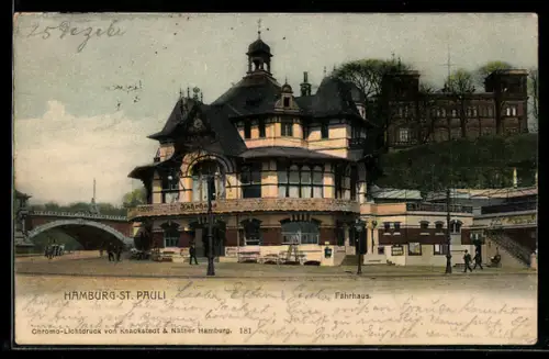 Lithographie Hamburg-St. Pauli, Fährhaus mit Strassenbrücke