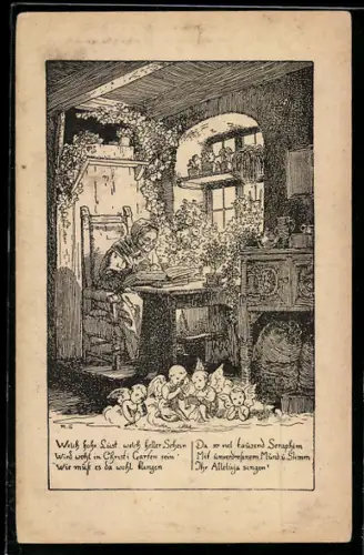 AK Alte Dame liest am Fenster in einem Buch während Engel vor ihr auf dem Boden sitzen