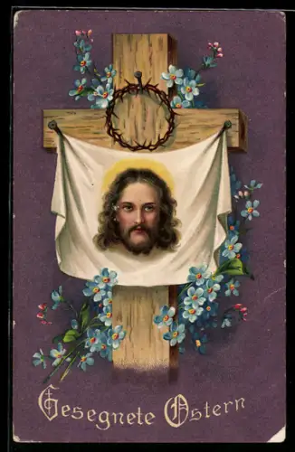 AK Fahne mit Antlitz Jesu auf einem Holzkreuz mit Vergissmeinnicht und Dornenkrone