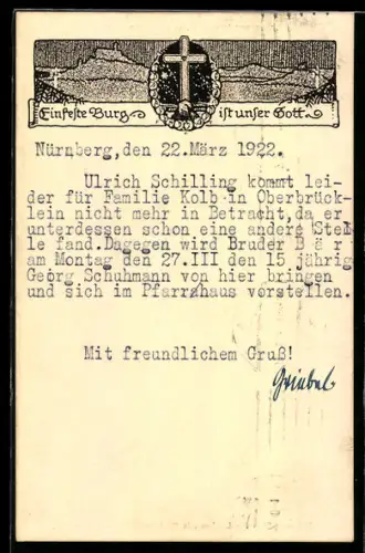 AK Nürnberg, Korrespondenzkarte, Kreuz, Ein feste Burg ist unser Gott