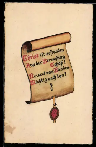 AK Verkündung mit Wachssiegel, Christ ist erstanden aus der Verwesung Schoss