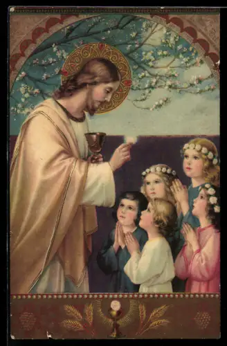 AK Christus mit Aureole und Kelch vor betenden Kindern