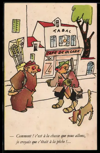 AK Betrunkener Angler und Jäger treffen sich vor einem Café