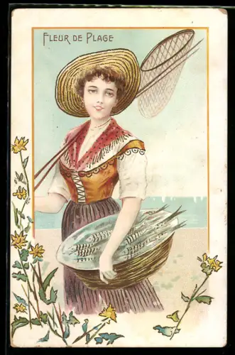 AK Lächelnde Fischerin mit Netz und Schüssel voller Fische