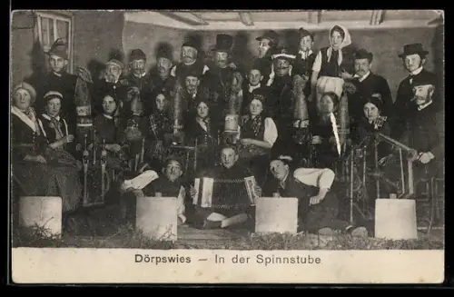 AK Dörpswies, Menschengruppe in der Spinnstube mit Spinnrad