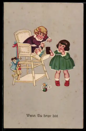 AK Zwei Kinder mit einer Rassel und Puppen