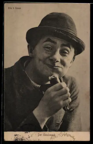 AK Die 5 Sinne, Allegorie für Geschmack, Mann beim Essen