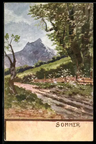 Künstler-AK Allegorie Sommer, Feldweg mit Gebirge im Hintergrund