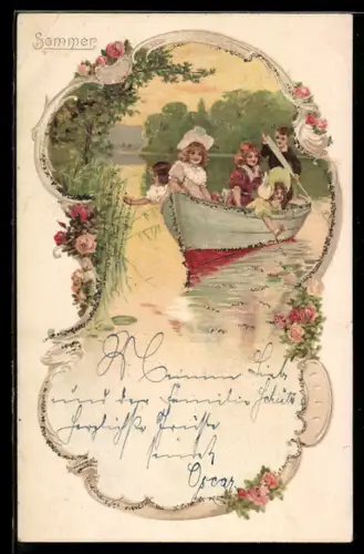 Lithographie Sommer, Kinder in Ruderboot, Allegorie