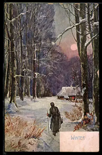 AK Person mit Wanderstock läuft einem eingeschneiten Haus entgegen, Allegorie