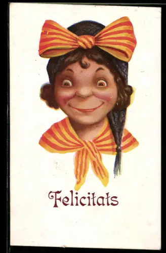 AK Glückliche Person mit Schleife im Haar, Felicitats