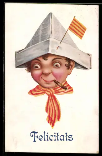 AK Glückliche Person mit Papierhut und Zigarre, Felicitats