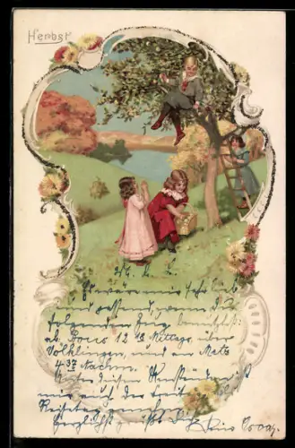 Lithographie Herbst, Kinder sammeln Äpfel auf