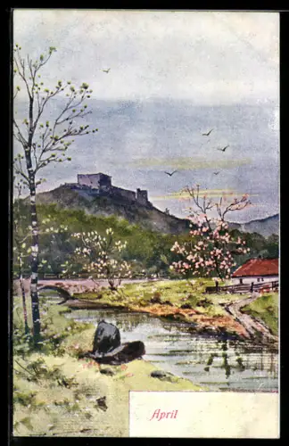 AK Idyllische Landschaft vor einer Burg im April