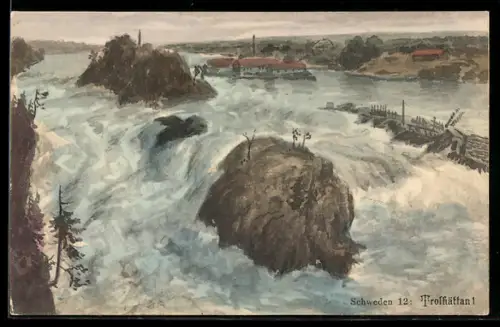 Künstler-AK Trolhättan, Wasserfall und Gebäude