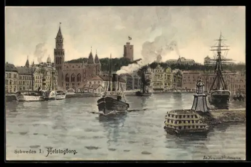 Künstler-AK Helsingborg, Stadtpanorama vom Wasser aus, Mole, Segelschiffe